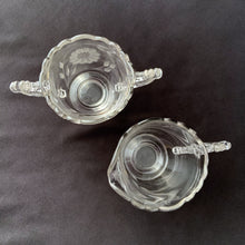 Load image into Gallery viewer, Vintage Creamer Sugar Cut Etched WJ Hughes Central Glass Works Cornflower Corn Flower Glass Pattern 12 twelve petalled flowers leaf sprays wings winged handles tea coffee dessert luncheon wedding elegant dinner glassware tableware scalloped feminine edge footed Home Decor Boho Bohemian Shabby Chic Cottage Farmhouse Mid-Century Modern Industrial Retro Flea Market Style Unique Sustainable Gift Antique Prop GTA Hamilton Toronto Canada shop store community seller reseller vendor