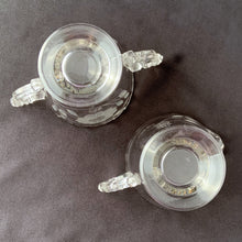Load image into Gallery viewer, Vintage Creamer Sugar Cut Etched WJ Hughes Central Glass Works Cornflower Corn Flower Glass Pattern 12 twelve petalled flowers leaf sprays wings winged handles tea coffee dessert luncheon wedding elegant dinner glassware tableware scalloped feminine edge footed Home Decor Boho Bohemian Shabby Chic Cottage Farmhouse Mid-Century Modern Industrial Retro Flea Market Style Unique Sustainable Gift Antique Prop GTA Hamilton Toronto Canada shop store community seller reseller vendor