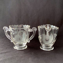 Load image into Gallery viewer, Vintage Creamer Sugar Cut Etched WJ Hughes Central Glass Works Cornflower Corn Flower Glass Pattern 12 twelve petalled flowers leaf sprays wings winged handles tea coffee dessert luncheon wedding elegant dinner glassware tableware scalloped feminine edge footed Home Decor Boho Bohemian Shabby Chic Cottage Farmhouse Mid-Century Modern Industrial Retro Flea Market Style Unique Sustainable Gift Antique Prop GTA Hamilton Toronto Canada shop store community seller reseller vendor