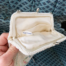 Load image into Gallery viewer, Jacks Daughter of All Trades Vintage Antique Mid-Century Store Shop Reseller Etsy Shopify Toronto Canada Free Porch Pick Up Local Delivery Worldwide Shipping Judy Weinberg Unique handmade evening bag cream glass seed beads multi-colour pastel embroidered ribbons silver kiss closure cream satin lining with open pocket womens fashion accessory formal attire party