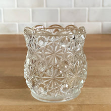 Load image into Gallery viewer, Vintage Clear Glass "Daisy Button" Votive Candle Holder USA Candle Patterned Light Romantic Ambiance Home Decor Boho Bohemian Shabby Chic Cottage Farmhouse Victorian Mid-Century Modern Industrial Retro Flea Market Style Unique Sustainable Gift Antique Prop GTA Eds Mercantile Hamilton Toronto Canada shop store community seller reseller vendor