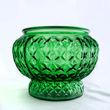 Load image into Gallery viewer, Vintage emerald green vertically ribbed pressed glass round planter or vase with a sweet repeating four point star pattern, A135. A great piece of mid-century glass made by the EO Brody Glass Company. Circa 1960s. Perfect to use as a planter or pair it with a flower frog to make beautiful arrangements. Could also be used as a candy bowl. In excellent condition, no chips or cracks. Measures 6" x 5"