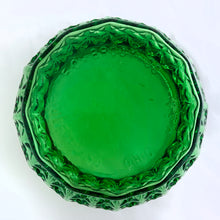 Load image into Gallery viewer, Vintage emerald green vertically ribbed pressed glass round planter or vase with a sweet repeating four point star pattern, A135. A great piece of mid-century glass made by the EO Brody Glass Company. Circa 1960s. Perfect to use as a planter or pair it with a flower frog to make beautiful arrangements. Could also be used as a candy bowl. In excellent condition, no chips or cracks. Measures 6" x 5"