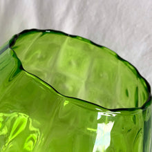 Load image into Gallery viewer, Vintage mid-century hand blown optic art glass snifter features a funky pattern of squares and circles in striking emerald green with a clear stem. Crafted in the Empoli Region of Italy 1950 - 1970, imported by Giftcraft to Canada. The perfect compliment to enhance your MCM decor.
In excellent vintage condition, no chips or cracks. Original sticker.
Measures 8 1/2 x 15 inches