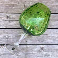 Load image into Gallery viewer, Vintage mid-century hand blown optic art glass snifter features a funky pattern of squares and circles in striking emerald green with a clear stem. Crafted in the Empoli Region of Italy 1950 - 1970, imported by Giftcraft to Canada. The perfect compliment to enhance your MCM decor.
In excellent vintage condition, no chips or cracks. Original sticker.
Measures 8 1/2 x 15 inches