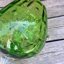 Load image into Gallery viewer, Vintage mid-century hand blown optic art glass snifter features a funky pattern of squares and circles in striking emerald green with a clear stem. Crafted in the Empoli Region of Italy 1950 - 1970, imported by Giftcraft to Canada. The perfect compliment to enhance your MCM decor.
In excellent vintage condition, no chips or cracks. Original sticker.
Measures 8 1/2 x 15 inches