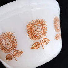 Load image into Gallery viewer, Classic vintage white milk glass mixing bowl decorated with gold sunflower pattern. Produced by Federal Glass, circa 1960. Perfect for mixing, serving and storing your culinary creations! In good vintage condition, no chips or cracks, minor wear to the interior and the printing is intact yet not fully vibrant. Measures 8 x 4 inches
