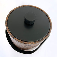 Load image into Gallery viewer, Vintage faux tooled leather ice bucket with floral paisley pattern in brown with black lid and handle. Hammered metal claw tongs included. Produced by Irvinware USA, circa 1970. In excellent condition, free from wear/damage. Measures 7-3/4" x 8-1/2