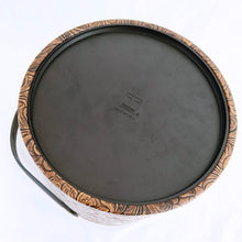 Load image into Gallery viewer, Vintage faux tooled leather ice bucket with floral paisley pattern in brown with black lid and handle. Hammered metal claw tongs included. Produced by Irvinware USA, circa 1970. In excellent condition, free from wear/damage. Measures 7-3/4" x 8-1/2