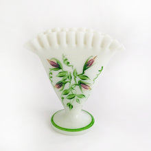 Load image into Gallery viewer, Gorgeous vintage milk glass fan-shaped vase, hand painted with violets in purple and green with crimped edge. Crafted by Fenton Art Glass, 1960s. A lovely way to display your flowers.
In excellent condition, no chips. Unmarked.
Measure 5 3/4 x 2 3/4 x 6 inches