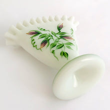 Load image into Gallery viewer, Gorgeous vintage milk glass fan-shaped vase, hand painted with violets in purple and green with crimped edge. Crafted by Fenton Art Glass, 1960s. A lovely way to display your flowers.
In excellent condition, no chips. Unmarked.
Measure 5 3/4 x 2 3/4 x 6 inches