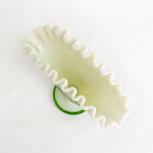 Load image into Gallery viewer, Gorgeous vintage milk glass fan-shaped vase, hand painted with violets in purple and green with crimped edge. Crafted by Fenton Art Glass, 1960s. A lovely way to display your flowers.
In excellent condition, no chips. Unmarked.
Measure 5 3/4 x 2 3/4 x 6 inches