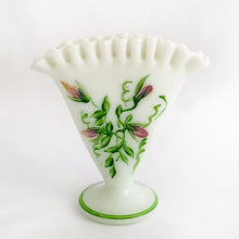 Load image into Gallery viewer, Gorgeous vintage milk glass fan-shaped vase, hand painted with violets in purple and green with crimped edge. Crafted by Fenton Art Glass, 1960s. A lovely way to display your flowers.
In excellent condition, no chips. Unmarked.
Measure 5 3/4 x 2 3/4 x 6 inches