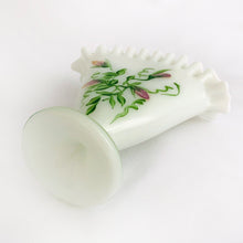 Load image into Gallery viewer, Gorgeous vintage milk glass fan-shaped vase, hand painted with violets in purple and green with crimped edge. Crafted by Fenton Art Glass, 1960s. A lovely way to display your flowers.
In excellent condition, no chips. Unmarked.
Measure 5 3/4 x 2 3/4 x 6 inches