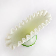 Load image into Gallery viewer, Jacks Daughter of All Trades Vintage Antique Mid-Century Kitsch Store Shop Reseller Etsy Shopify Toronto Canada Free Porch Pick Up Local Delivery Worldwide Shipping Judy Weinberg Unique Housewarming Gift Sustainable Gift Wedding Gift Home Decor Collectible Collector Gift Farmhouse Cottagecore Cottage Lodge Shabby Chic flea market style milk glass fan shaped flower vase hand painted violets crimped edge Fenton Art Glass 1960s