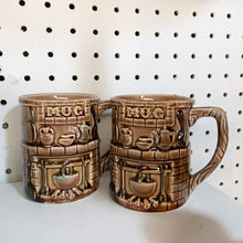 Load image into Gallery viewer, Pair Vintage Embossed Mugs Japan Japanese pottery ceramic glazed kitschy kitsch home decor coffee tea hot chocolate beverage cups handled brown fireplace mantel caldron fire brick pattern housewares flea market style Freelton Hamilton Antique Mall Community Store Shop Toronto Canada