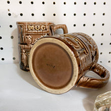 Load image into Gallery viewer, Pair Vintage Embossed Mugs Japan Japanese pottery ceramic glazed kitschy kitsch home decor coffee tea hot chocolate beverage cups handled brown fireplace mantel caldron fire brick pattern housewares flea market style Freelton Hamilton Antique Mall Community Store Shop Toronto Canada