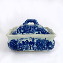 Load image into Gallery viewer, Vintage reproduction Flo Blu Ironstone three piece lidded soap dish. Marked Victoria Ware, Ironstone with a Coat of Arms. The lid and internal tray keep the soap fresh and dry. It's a lovely decorative piece for any bathroom, or repurpose as a trinket dish or even planter! A vintage item makes a unique present! Overall measurements are 5-1/2" 4-1/4" x 3-5/8"