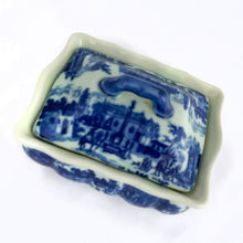Load image into Gallery viewer, Vintage reproduction Flo Blu Ironstone three piece lidded soap dish. Marked Victoria Ware, Ironstone with a Coat of Arms. The lid and internal tray keep the soap fresh and dry. It's a lovely decorative piece for any bathroom, or repurpose as a trinket dish or even planter! A vintage item makes a unique present! Overall measurements are 5-1/2" 4-1/4" x 3-5/8"