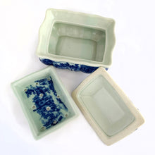 Load image into Gallery viewer, Vintage reproduction Flo Blu Ironstone three piece lidded soap dish. Marked Victoria Ware, Ironstone with a Coat of Arms. The lid and internal tray keep the soap fresh and dry. It's a lovely decorative piece for any bathroom, or repurpose as a trinket dish or even planter! A vintage item makes a unique present! Overall measurements are 5-1/2" 4-1/4" x 3-5/8"