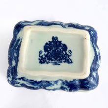 Load image into Gallery viewer, Vintage reproduction Flo Blu Ironstone three piece lidded soap dish. Marked Victoria Ware, Ironstone with a Coat of Arms. The lid and internal tray keep the soap fresh and dry. It's a lovely decorative piece for any bathroom, or repurpose as a trinket dish or even planter! A vintage item makes a unique present! Overall measurements are 5-1/2" 4-1/4" x 3-5/8"