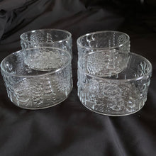 Load image into Gallery viewer, This is a wonderful set of salad or dessert bowls in the "Flora" pattern, designed by Oiva Toikka in 1966 first for Nuutajarvi and then for Iittala of Finland. Unique and truly gorgeous raised floral design. Perfect addition to grace your tablescape! In perfect condition, no chips/cracks. Measures 4 1/2 x 2 1/2 inches