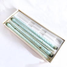 Load image into Gallery viewer, Elegant vintage mid-century 15 inch French blue Baroque Slim Twist (wax) Candles. The box notes these as "another PARAGON® creation. Produced by Victrylite Candle Co., USA, circa 1950s/1960s. You'll find this phrase printed on each side of the box, "light your evenings with loveliness..." and they are correct! In excellent vintage condition with wicks intact in original box. Measures 15 inches
