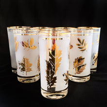Load image into Gallery viewer, Set of eight mid-century vintage Golden Foliage highball glasses in brass carrying caddy with spiral handle. Produced by the Libbey Glass Company between 1953 - 1978. These glasses will elevate any bar cart and are perfect for any occasion or cocktail! Great vintage condition. The glasses are free from chips/cracks. Minor wear present to the gold on the rim. Each glass measures 2-3/4" x 5-1/2" (12oz)