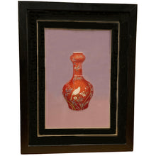 Load image into Gallery viewer, From a distance, one would think this burnt orange vase is a painting, however, it's actually a stunning hand embroidered silk thread on fine Chinese mauve silk depicting a botanical scene with bird and flowers. It's an absolute masterpiece! In excellent condition. Image measures 7 1/2 x 11 1/4, frame measures 13 1/8 x 17 inches