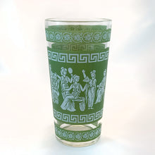 Load image into Gallery viewer, Vintage mid-century green and white Hellenic highball glasses feature a Jasperware-like design featuring a motif of toga-wearing figures, horses, chariots, topped with Greek key and palm leaves. Crafted by Jeannette Glass, USA, 1960s. These glasses were literally is everyone's rec rooms back in the day!
Measures 3 x 5 3/4 inches
Capacity 9 ounces