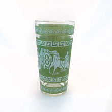 Load image into Gallery viewer, Vintage mid-century green and white Hellenic highball glasses feature a Jasperware-like design featuring a motif of toga-wearing figures, horses, chariots, topped with Greek key and palm leaves. Crafted by Jeannette Glass, USA, 1960s. These glasses were literally is everyone's rec rooms back in the day!
Measures 3 x 5 3/4 inches
Capacity 9 ounces