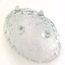 Load image into Gallery viewer, This vintage clear pressed glass oval shaped footed bowl in the "Harvest Grape" pattern has a lovely scalloped edge and is perfect vessel to hold your favourite fruits. Produced by the Indiana Glass Company, USA, circa 1970. Makes a fabulous centrepiece, buffet or counter display. In excellent condition, free from chips/cracks. Measures 12 x 8 1/2 x 4 1/2 inches