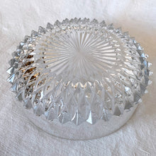 Load image into Gallery viewer, Vintage Diamond Point clear glass serving bowl features three dimensional diamond point and starburst bottom with plain sides. Crafted by Indiana Glass, USA, 1965 - 1990. This bowl brings the sparkle to your table!
In excellent condition, no chips.
Measures 8 x 3 inches