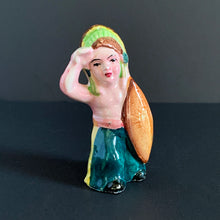 Load image into Gallery viewer, This little First Nations (Native American Indian) shaker is adorably kitschy. He is single and ready to mingle! He's a bit on the peppery side and is looking for a salty companion. Available for all meals. Cork is inside (oops). Made in Japan. The pottery is in excellent condition, no chips or cracks. Extremely nicely glazed, colours are vibrant. Measures 2 1/2 x 2 x 4 inches