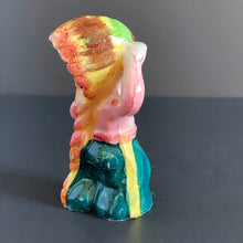 Load image into Gallery viewer, This little First Nations (Native American Indian) shaker is adorably kitschy. He is single and ready to mingle! He's a bit on the peppery side and is looking for a salty companion. Available for all meals. Cork is inside (oops). Made in Japan. The pottery is in excellent condition, no chips or cracks. Extremely nicely glazed, colours are vibrant. Measures 2 1/2 x 2 x 4 inches