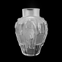 Load image into Gallery viewer, Vintage art deco "Ingrid Collection" glass vase in clear and satin with the draped female figures in various poses. Designed by Artur Pleva for Curt Schlevogt in 1936. Produced by Desna, in the Bohemia region of Czechoslovakia, reproduction from original mold. In excellent condition, free from chips/cracks. Original sticker and maker's mark on the bottom. Measures 6 x 9 1/2 inches