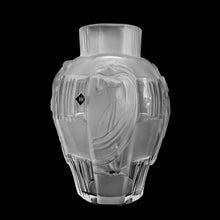 Load image into Gallery viewer, Vintage art deco "Ingrid Collection" glass vase in clear and satin with the draped female figures in various poses. Designed by Artur Pleva for Curt Schlevogt in 1936. Produced by Desna, in the Bohemia region of Czechoslovakia, reproduction from original mold. In excellent condition, free from chips/cracks. Original sticker and maker's mark on the bottom. Measures 6 x 9 1/2 inches
