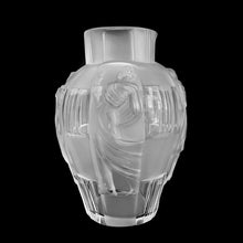 Load image into Gallery viewer, Vintage art deco "Ingrid Collection" glass vase in clear and satin with the draped female figures in various poses. Designed by Artur Pleva for Curt Schlevogt in 1936. Produced by Desna, in the Bohemia region of Czechoslovakia, reproduction from original mold. In excellent condition, free from chips/cracks. Original sticker and maker's mark on the bottom. Measures 6 x 9 1/2 inches