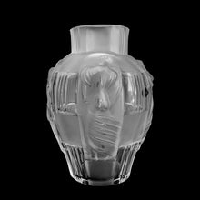 Load image into Gallery viewer, Vintage art deco "Ingrid Collection" glass vase in clear and satin with the draped female figures in various poses. Designed by Artur Pleva for Curt Schlevogt in 1936. Produced by Desna, in the Bohemia region of Czechoslovakia, reproduction from original mold. In excellent condition, free from chips/cracks. Original sticker and maker's mark on the bottom. Measures 6 x 9 1/2 inches