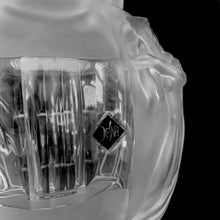 Load image into Gallery viewer, Vintage art deco "Ingrid Collection" glass vase in clear and satin with the draped female figures in various poses. Designed by Artur Pleva for Curt Schlevogt in 1936. Produced by Desna, in the Bohemia region of Czechoslovakia, reproduction from original mold. In excellent condition, free from chips/cracks. Original sticker and maker's mark on the bottom. Measures 6 x 9 1/2 inches