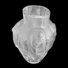 Load image into Gallery viewer, Vintage art deco "Ingrid Collection" glass vase in clear and satin with the draped female figures in various poses. Designed by Artur Pleva for Curt Schlevogt in 1936. Produced by Desna, in the Bohemia region of Czechoslovakia, reproduction from original mold. In excellent condition, free from chips/cracks. Original sticker and maker's mark on the bottom. Measures 6 x 9 1/2 inches