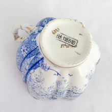 Load image into Gallery viewer, Rare and beautiful antique shell-shaped white bone china, blue "Daisy" teacup and saucer. Produced by JF Wileman, the precursor to Foley and Shelley in England, circa 1889. A must-have for the Foley and Shelley collector! In good condition, free from chips/cracks/crazing. Impressed registration mark "115540" and stamped registration mark "Rd117220" with painted "6021" in gold denoting the pattern name. Some wear to the gold. Teacup measures 3 1/2 x 2 1/4 inches Saucer measures 5 1/2 inches