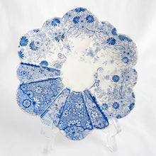 Load image into Gallery viewer, Rare and beautiful antique shell-shaped white bone china, blue "Daisy" teacup and saucer. Produced by JF Wileman, the precursor to Foley and Shelley in England, circa 1889. A must-have for the Foley and Shelley collector! In good condition, free from chips/cracks/crazing. Impressed registration mark "115540" and stamped registration mark "Rd117220" with painted "6021" in gold denoting the pattern name. Some wear to the gold. Teacup measures 3 1/2 x 2 1/4 inches Saucer measures 5 1/2 inches