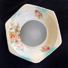 Load image into Gallery viewer, Vintage hexagon-shaped porcelain ladies spittoon, decorated with sprays of beautiful peach roses in a six sided shape. Marked Germany. Early 20th century. Repurpose this piece into a stunning vessel for a houseplant. In good vintage condition, with 1 minor chip to the rim which is barely noticeable. Dimensions: 7-1/4" x 4"