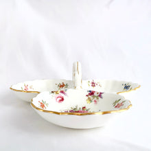 Load image into Gallery viewer, Lovely vintage three-part handled "Lady Patricia" relish dish with shell-shaped, scalloped edge tri-foil bowls decorated with colourful florals and gold gilt details. Produced by Hammersley, England, circa 1950s/60s. In excellent condition, free from chips/cracks/repairs. Measures 8-5/8" x 2-3/4"