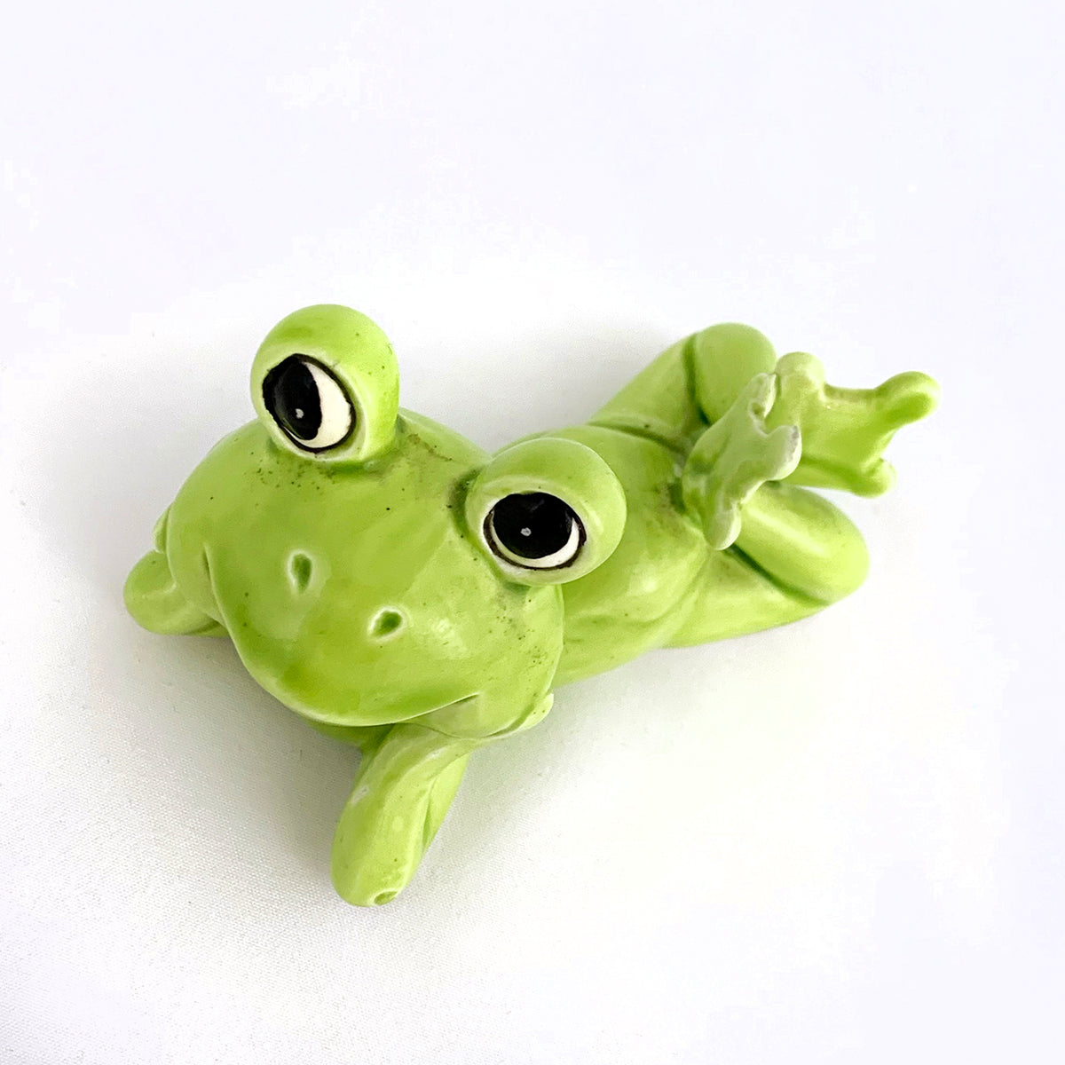 Vintage Mid-Century Ceramic Lime Green Smiling Seated Frog