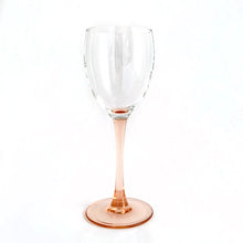 Load image into Gallery viewer, Delightful pink stemmed claret wine glasses in the "Rose" pattern. Set of six. Produced in France by Luminarc, circa 2000. In excellent condition, free from chips/cracks. Marked "France" and "luminarc" on the bottom. Measures 2-3/4" x 7-1/4"
