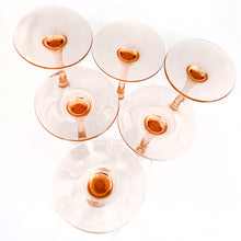 Load image into Gallery viewer, Delightful pink stemmed claret wine glasses in the "Rose" pattern. Set of six. Produced in France by Luminarc, circa 2000. In excellent condition, free from chips/cracks. Marked "France" and "luminarc" on the bottom. Measures 2-3/4" x 7-1/4"