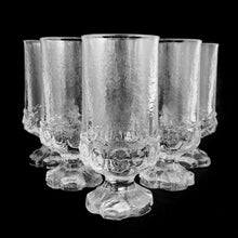 Load image into Gallery viewer, We're digging the unique design of these vintage Franciscan "Madeira Clear" iced tea glasses, set of six. These heavy weighted goblets were produced by Tiffin Glass between 1972 - 1977. These will compliment your tablescape beautifully!  In excellent condition, free from chips/cracks.  Measures 2 7/8 x 6 1/2 inches