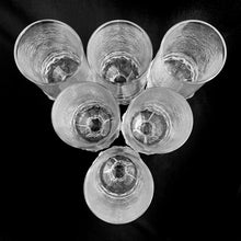 Load image into Gallery viewer, We're digging the unique design of these vintage Franciscan "Madeira Clear" iced tea glasses, set of six. These heavy weighted goblets were produced by Tiffin Glass between 1972 - 1977. These will compliment your tablescape beautifully!  In excellent condition, free from chips/cracks.  Measures 2 7/8 x 6 1/2 inches